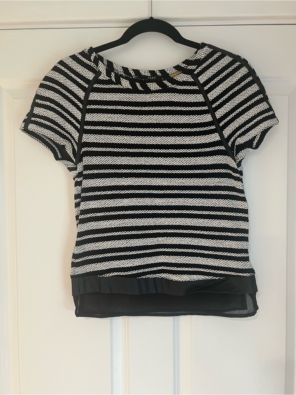 Tart Black & White Striped Short Sleeve Top with Layered Hem